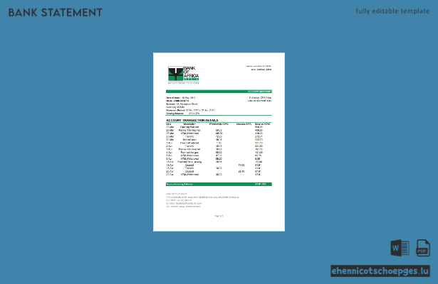 Beispiel-Excel-Vorschau eines Kontoauszugs der Benin Bank of Africa